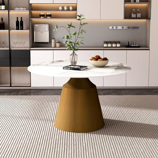 English Elm 53" Marble Round Dining Table with Sintered Stone Top and Stainless Steel Cone Base, Durable Elegance Bronze,White Marble W2700S00019