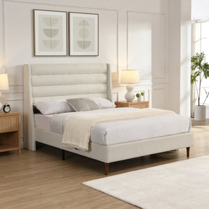 English Elm Queen Chenille Platform Bed with Wave Headboard, Noise-Free EVA Foam, Solid Wood, Ivory Finish W1716P362409