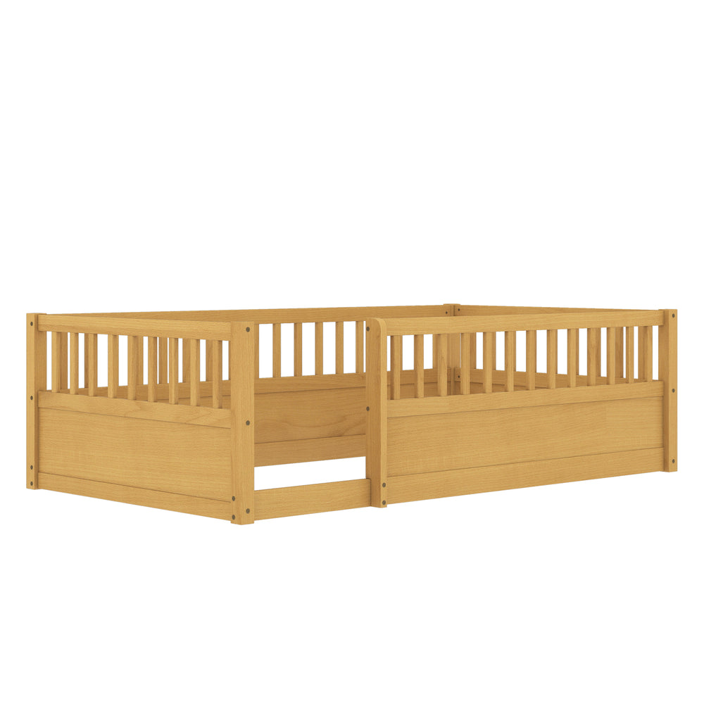 English Elm Twin Montessori Floor Bed Frame for Kids – Pine Playroom Bed with Fence for Reading & Imaginative Play Natural W1580P307880