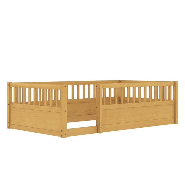 English Elm Twin Montessori Floor Bed Frame for Kids – Pine Playroom Bed with Fence for Reading & Imaginative Play Natural W1580P307880