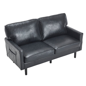 English Elm Loveseat Mid Century Modern Two-Seater Sofa with USB Type-C Charging, Removable Zipper Covers, Durable Wood Legs Black PU W395P238820
