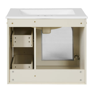English Elm 24" Modern Wall-Mount Bathroom Vanity with Ceramic Sink, Glass Door Cabinet, 2 Drawers, Soft-Close Beige N710P286704Y