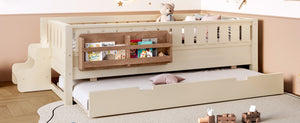 English Elm Twin Kids Platform Bed with Trundle Staircase Bookshelf and Rounded Safety Rails Beige W1580S00556