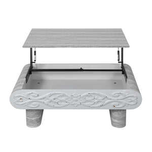 English Elm Rounded Edge Coffee Table Solid Wood Engraved Drawer Modern Living Room Storage Beige+Grey W3040P428762
