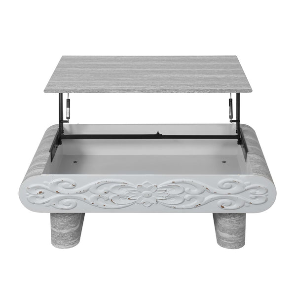 English Elm Rounded Edge Coffee Table Solid Wood Engraved Drawer Modern Living Room Storage Beige+Grey W3040P428762
