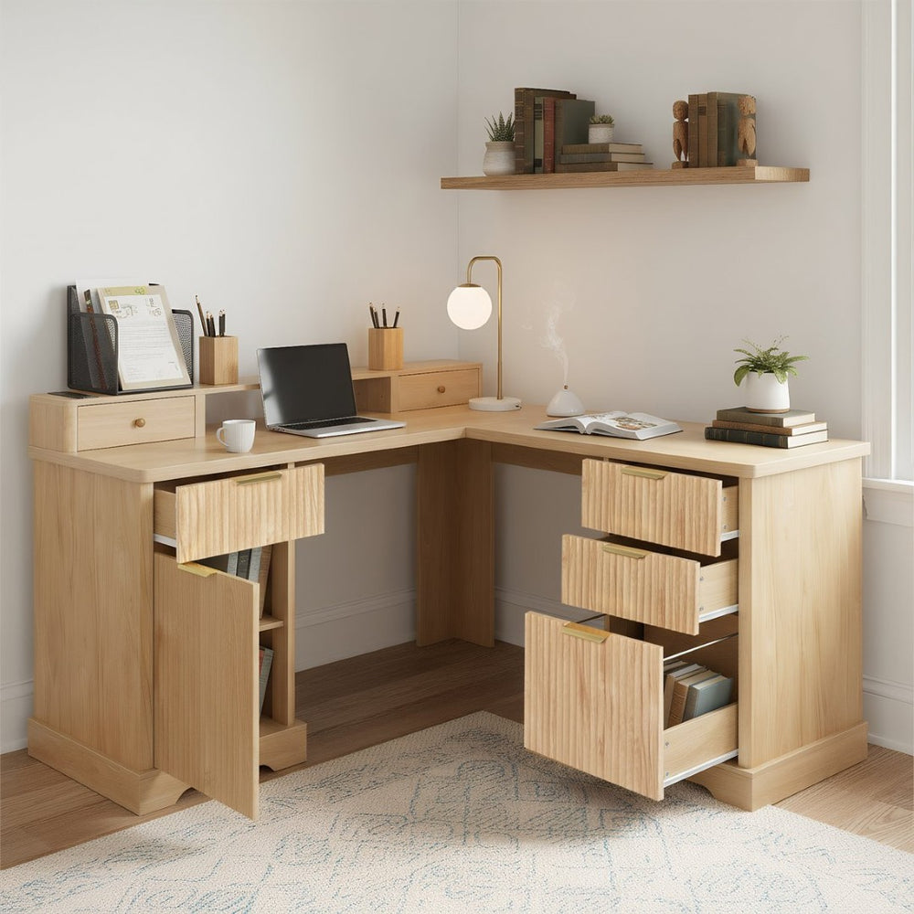English Elm 59" Fluted Oak L-shaped Corner Desk with Charging Station Monitor Stand and File Storage Light Oak W2917S00005
