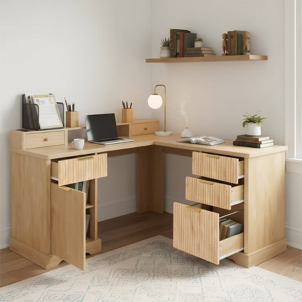 English Elm 59" Fluted Oak L-shaped Corner Desk with Charging Station Monitor Stand and File Storage Light Oak W2917S00005