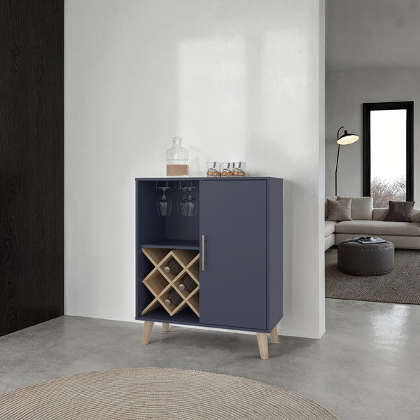 English Elm Bar Severn Bar Cabinet 38.6" H, Alby Blue & Natural Oak, 1 Door 1 Drawer 4 Shelves, Stylish Storage B097P395908