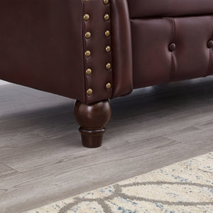 English Elm 85.8" Living Room Chesterfield Sofa with Storage Classic Tufted PU Upholstery Solid Wood Frame, 3-Seater Comfort Burgundy W1097S00149