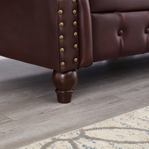 English Elm 85.8" Living Room Chesterfield Sofa with Storage Classic Tufted PU Upholstery Solid Wood Frame, 3-Seater Comfort Burgundy W1097S00149