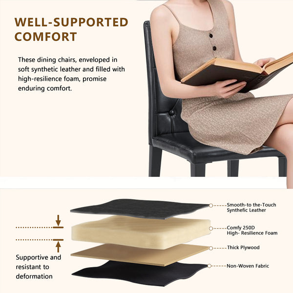 English Elm 4-pack PU dining chairs with ergonomic buckle backrest, gold metal legs, high-density sponge comfort Black W1151P295721