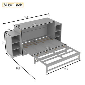 English Elm Queen Murphy Wall Bed with Open Shelves and Drawers for Guest or Office Rooms Light Gray W5316S00008
