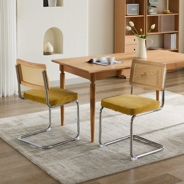 English Elm Mid Velvet Mid Century Dining Chair with Rattan Back, Solid Wood Frame, Plush Velvet, 360lb Capacity Gold W1143P168323