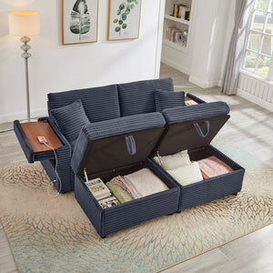 English Elm Comfortable Plush Corduroy Sofa with Hidden Storage Ottoman, USB Charging and Lift-Up Tabletop Dark Gray W3705S00012