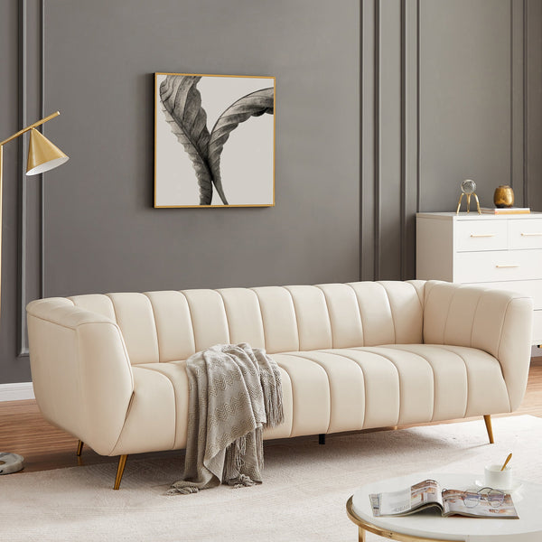 English Elm Ashcroft Furniture - LaMattina Mid-Century Modern Genuine Italian Leather Channel Tufted Sofa with Solid Wood Frame and High-Density Foam Comfort Light beige,White B183P231986