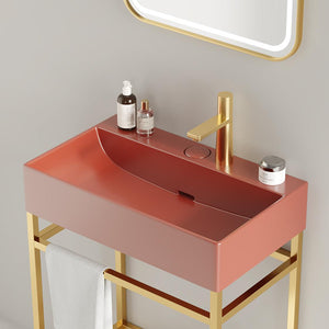 English Elm LOFI Ceramic Integrated Bathroom Vanity 24" with Rectangular Basin, Open Metal Shelf, Easy Clean Gold,Red W2615S00079