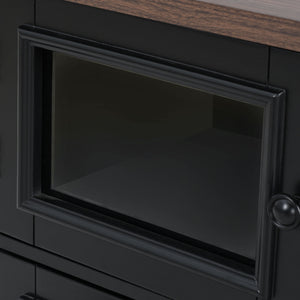 English Elm K&K 54.9" Farmhouse Kitchen Island Cart with Drop Leaf, Charging Station, Barn Doors & Glass Pane Black N707P300277B