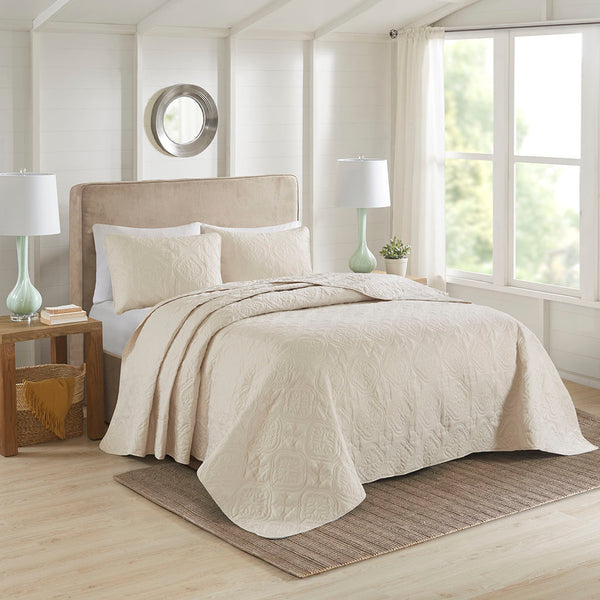 JLA Home 510 Design - 3 Reversible Bedspread Set Oversized Quilted Medallion Microfiber 3-Piece Hypoallergenic Washable Elegance Cream 5DS13-0167