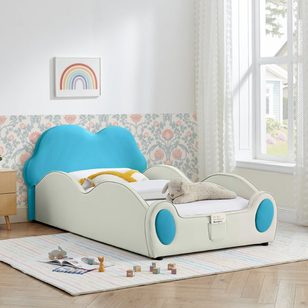 English Elm Twin Cloud Shaped Toddler Bed Upholstered Pu Leather with Guardrails and Storage Pocket Beige,Blue W1413S00187