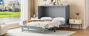 English Elm Murphy Queen Wall Bed with Frosted Glass Cabinet Facade Gold Legs Pine Frame Gray N820S00028E