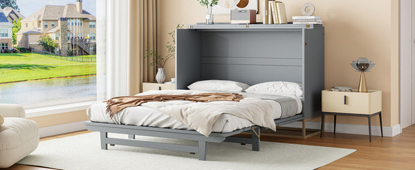 English Elm Murphy Queen Wall Bed with Frosted Glass Cabinet Facade Gold Legs Pine Frame Gray N820S00028E