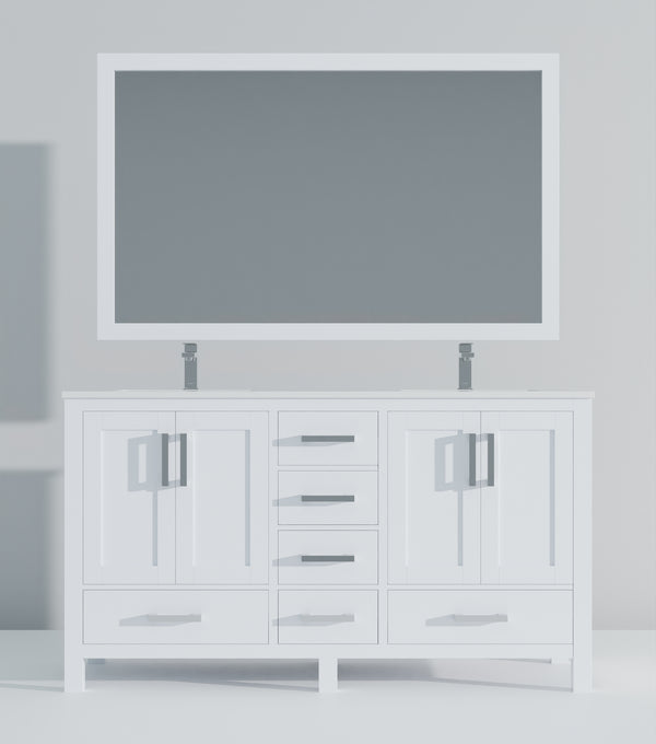 English Elm White Double Bath Vanity 60 in with Cultured Marble Top, Chrome Faucet, 58 in Mirror, Scratch-Resistant Finish B2731S01018