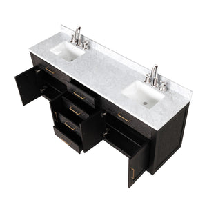 English Elm Black Oak Double Bath Vanity 80" W x 22" D with Carrara Marble Top, Chrome Gooseneck Faucets, Soft-Close cabinetry B2731P260864