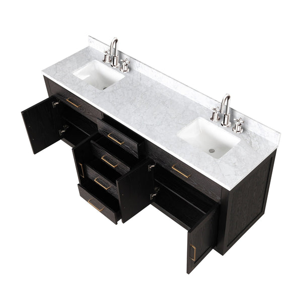 English Elm Black Oak Double Bath Vanity 80" W x 22" D with Carrara Marble Top, Chrome Gooseneck Faucets, Soft-Close cabinetry B2731P260864