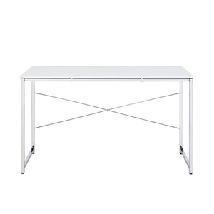 English Elm White Sleek Writing Desk with Chrome Sled Base, Integrated Four-Tier Bookcase for Organized Workspaces White+Silver B062P184564