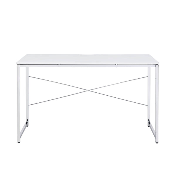 English Elm White Sleek Writing Desk with Chrome Sled Base, Integrated Four-Tier Bookcase for Organized Workspaces White+Silver B062P184564