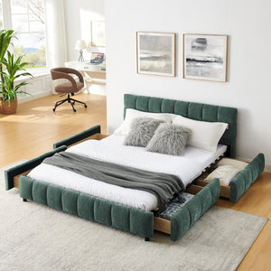English Elm Queen Chenille Upholstered Platform Bed with Storage Drawers and Padded Headboard Blue+Green W487P235285