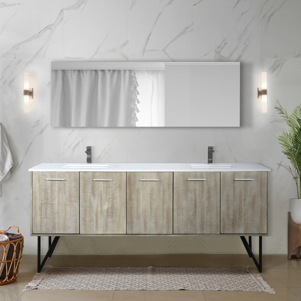 English Elm Rustic Acacia Double Bath Vanity Set With White Quartz Top, Gun Metal Faucet, And 70-Inch Mirror B2731S01677-GIGA