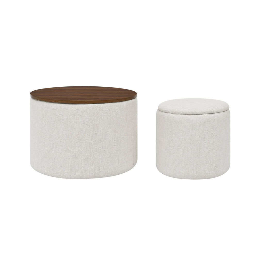 English Elm 2-Piece Round Chenille Storage Ottoman Set with Hidden Compartment and Sturdy MDF Top for Home Decor Beige W487P179601