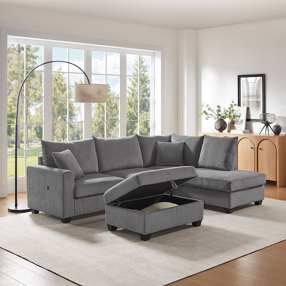 English Elm Rowan 107" Dark Gray Corduroy Sectional Sofa with Right Chaise, USB & USB-C Ports, Storage Ottoman B061S00922
