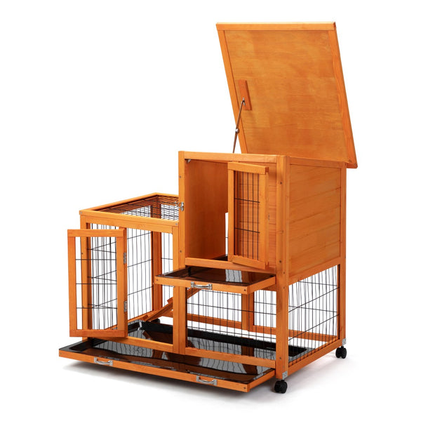 English Elm Detachable Two-tier Pine Rabbit Hutch with Rolling Casters and Removable Waste Trays Orange W2181P190616