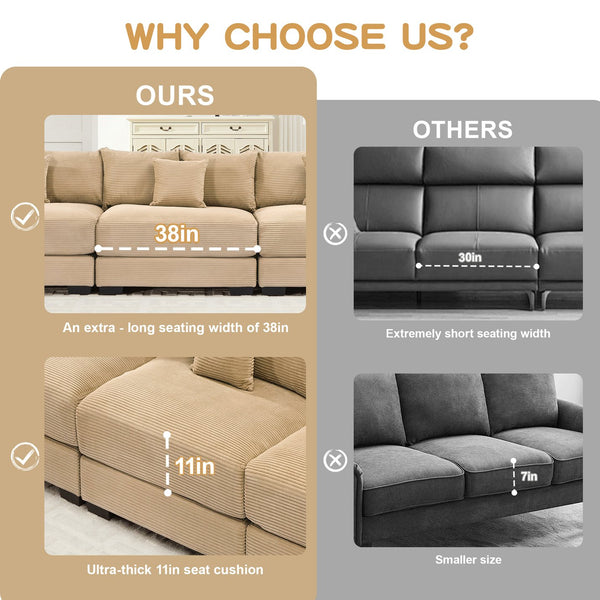 English Elm 130" Oversized Cloud Modular Sectional Couch In Plush Camel Corduroy, Ergonomic Design & Ottoman Included For Ultimate Comfort W714S01309