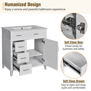 English Elm 30-Inch Bathroom Vanity with Ceramic Sink, Gold Handles, Solid Wood Frame and Soft-Close Drawers White N729P195052K