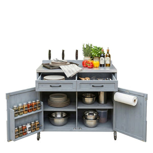 English Elm K&k Outdoor Prep Station Stainless Steel Top Fir Wood Cabinet with Drawer and Wheels Grey+Blue N707P370273G