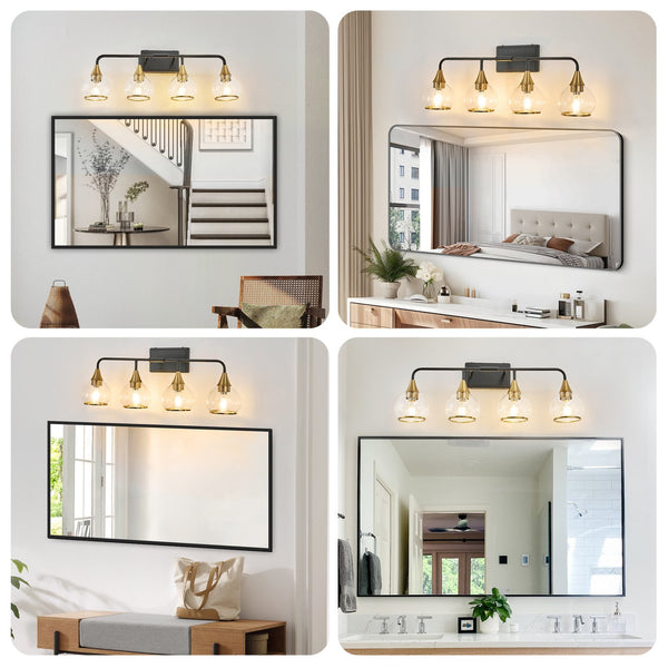 English Elm 31" Modern 4-Light Vanity Wall Sconce - Industrial Black & Gold Fixture With Clear Shades For Bright Spaces W2312P374981