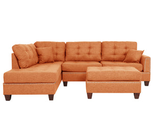 English Elm 3 Piece Reversible Sectional Sofa Set with Ottoman in Citrus Orange — Tufted, Nailhead Trim, Plush Comfort B089S00177