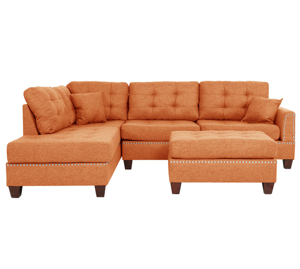 English Elm 3 Piece Reversible Sectional Sofa Set with Ottoman in Citrus Orange — Tufted, Nailhead Trim, Plush Comfort B089S00177