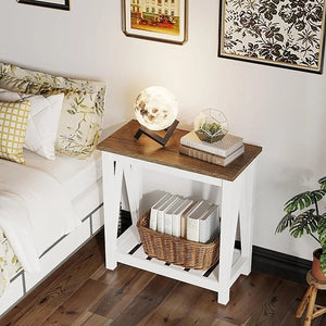 English Elm Farmhouse Narrow End Table with Storage Shelf, White & Light Oak Accent Side Table for Small Spaces T3771P357132