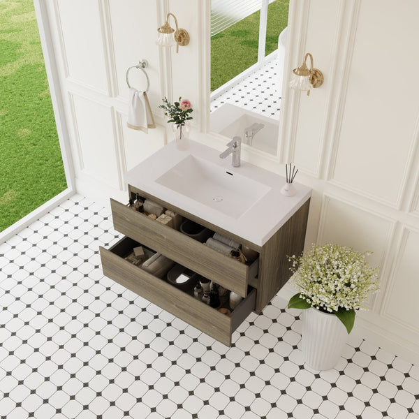 English Elm 36" Floating Wall Mounted Bathroom Vanity with Resin Basin and Soft Close Drawers Grey W1573P152699