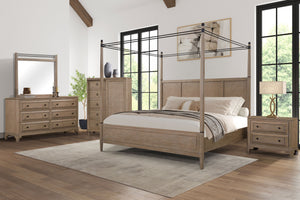 English Elm Queen Canopy Bed Sand Finish — Solid Wood & MDF Transitional Design, Warm Centerpiece for Bedroom B2699S00016