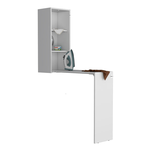 English Elm Iron 42" Foldable Table Cabinet White – Space-Saving MDF Desk/Dining Island with Shelves, Lockable B070P286433