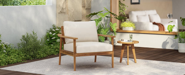 English Elm Christopher Knight Home® - Mid-Century Outdoor Lounge Chair Teak with Plush Cushions, Weather-Resistant Solid Wood for Patio Comfort N767P254923T