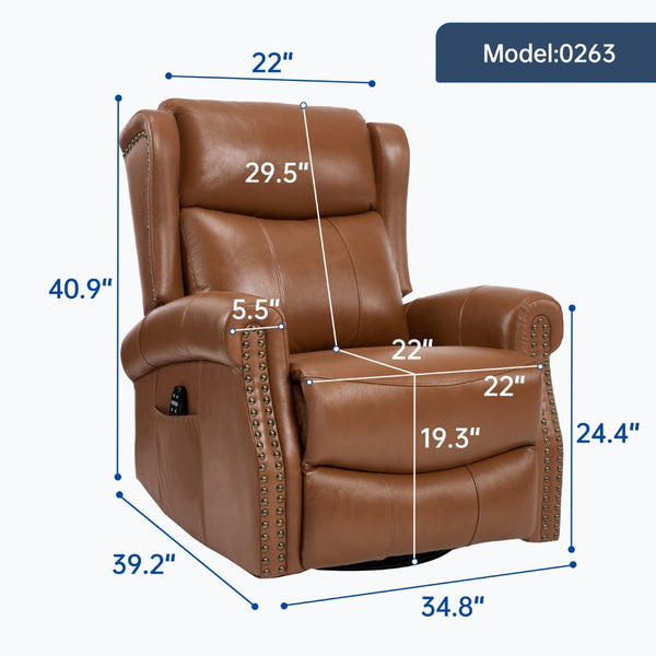 English Elm Heat Massage Swivel Rocker Recliner in Genuine Leather for Living Room Comfort W3224S00015