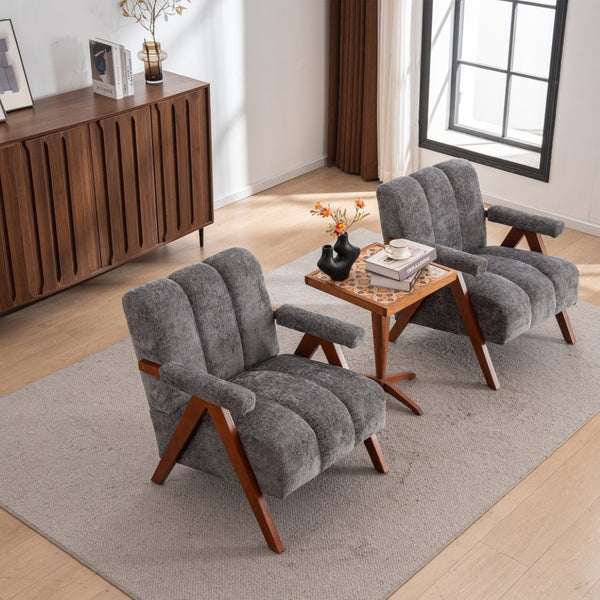 English Elm Mid-century Modern Chenille Lounge Chair Set Oak Frame Cloud Silhouette Living Room Gray W1170S00050