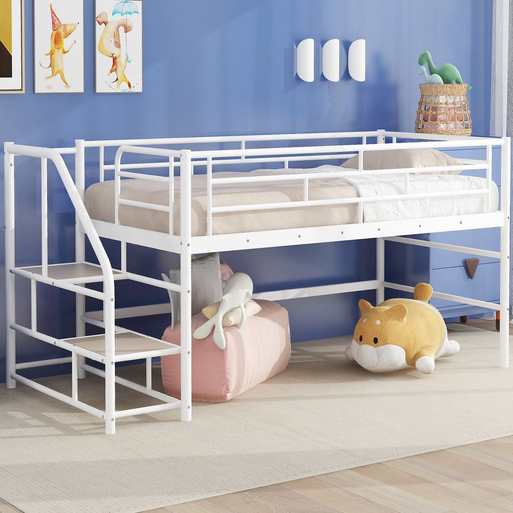 English Elm Mid Mid Loft Bed with Storage Stairs Twin Safety Ladder Low 26.6" Slats Sturdy Metal Frame White MF323325AAK