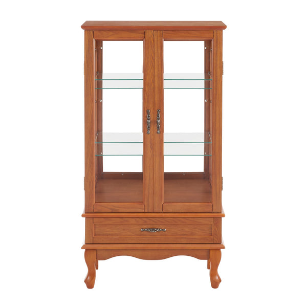 English Elm Lighted Curio Cabinet With Adjustable Shelves, Illuminated Display, 2 Doors & Drawer, Oak Finish W2275P178824